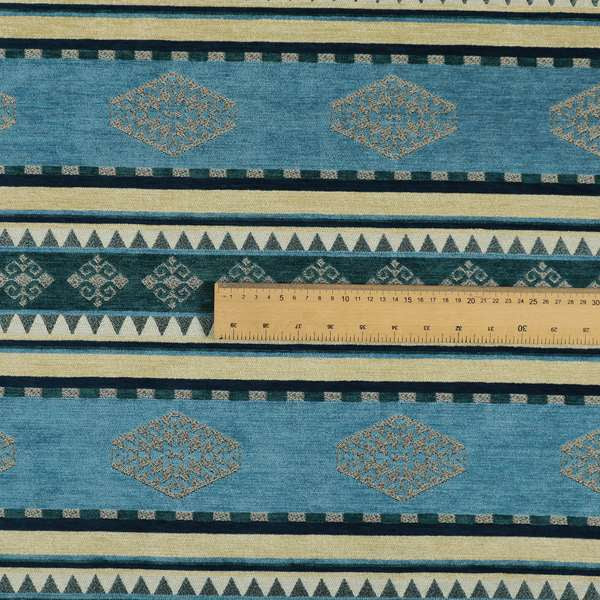 Jaipur Designer Kilim Aztec Pattern With Stripes In Blue Teal Silver Colour Furnishing Fabric CTR-01 - Made To Measure Curtains