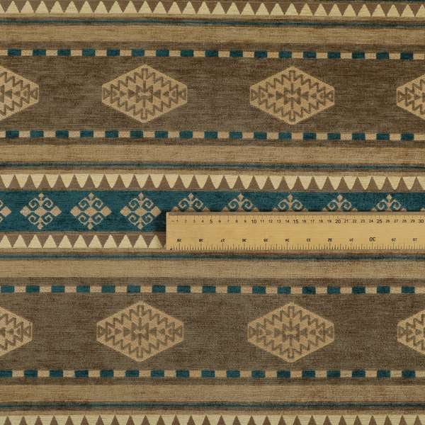 Jaipur Designer Kilim Aztec Pattern With Stripes In Brown Teal Gold Colour Furnishing Fabric CTR-03 - Made To Measure Curtains