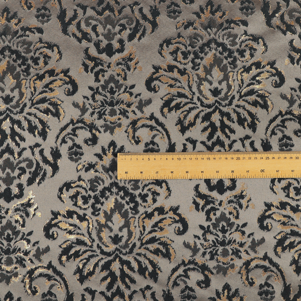Nile Damask Pattern Metallic Tones Black Grey Gold Upholstery Fabric CTR-1189