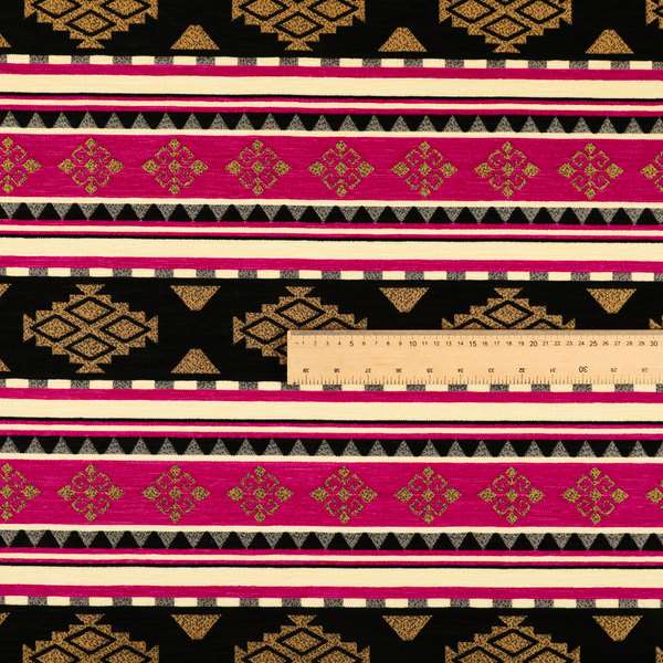Anthropology Kilim Pattern Fabric In Pink Black Gold Colour Upholstery Furnishing Fabric CTR-149 - Made To Measure Curtains