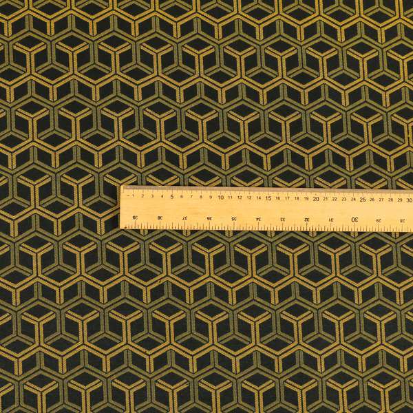 Zenith Collection In Smooth Chenille Finish Black With Gold Colour 3D Cube Geometric Pattern Upholstery Fabric CTR-187 - Handmade Cushions