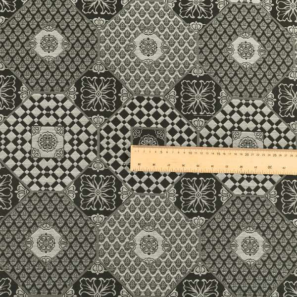 Zenith Collection In Smooth Chenille Finish Black With Grey Colour Patchwork Pattern Upholstery Fabric CTR-191