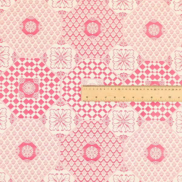 Zenith Collection In Smooth Chenille Finish Raspberry Pink Colour Patchwork Pattern Upholstery Fabric CTR-219