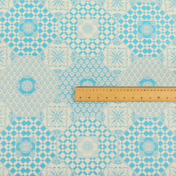 Zenith Collection In Smooth Chenille Finish Blue Colour Patchwork Pattern Upholstery Fabric CTR-220