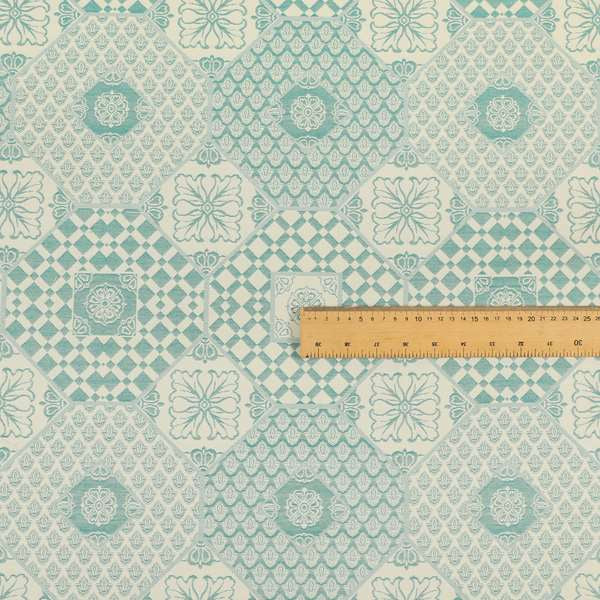 Zenith Collection In Smooth Chenille Finish Teal Green Colour Patchwork Pattern Upholstery Fabric CTR-226 - Handmade Cushions