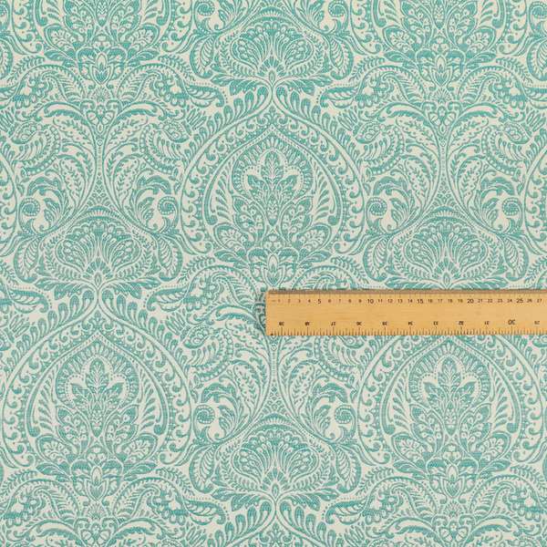 Zenith Collection In Smooth Chenille Finish Teal Green Colour Damask Pattern Upholstery Fabric CTR-227 - Handmade Cushions