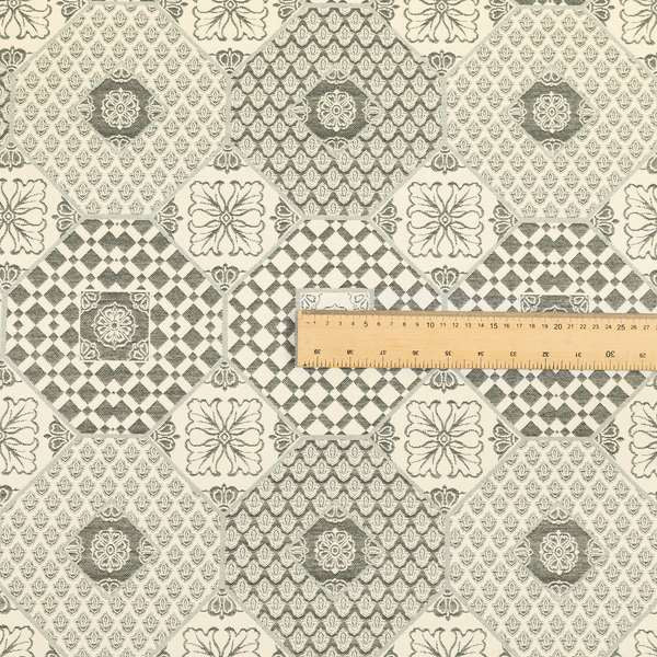 Zenith Collection In Smooth Chenille Finish Grey Black Colour Patchwork Pattern Upholstery Fabric CTR-236