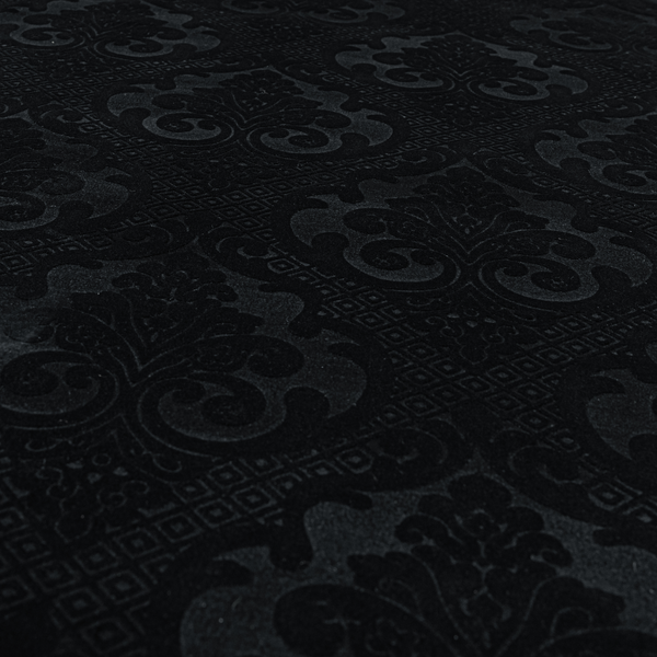 Agra Velveteen Embossed Damask Pattern Upholstery Curtains Fabric In Black Velvet CTR-2769
