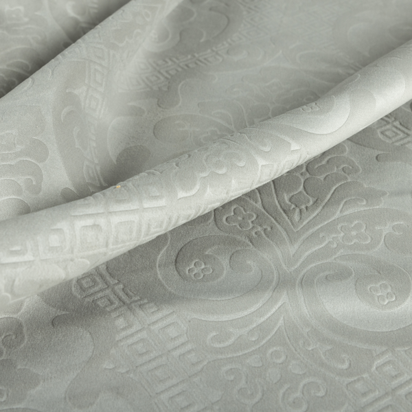 Agra Velveteen Embossed Damask Pattern Upholstery Curtains Fabric In Silver Grey Velvet CTR-2782