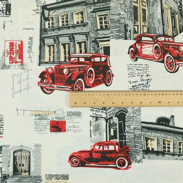 Playtime Printed Cotton Fabrics Collection Black Red Colour Vintage Car Pattern Water Repellent Upholstery Fabric CTR-305 - Roman Blinds