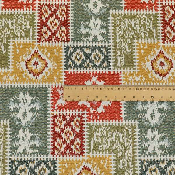 Jayapura Collection Of Kilim Patchwork Heavyweight Chenille White Multi Colour Upholstery Fabric CTR-330 - Roman Blinds