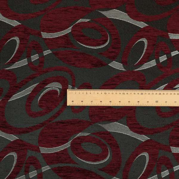 Japura Collection Of Shiny Swirl Pattern Weaves In Burgundy Silver Chenille Colour Upholstery Fabric CTR-374