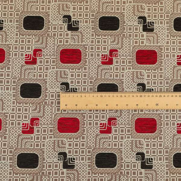 Carousel Geometric Pattern Collection Black Red Colour Woven Chenille Upholstery Fabric CTR-385