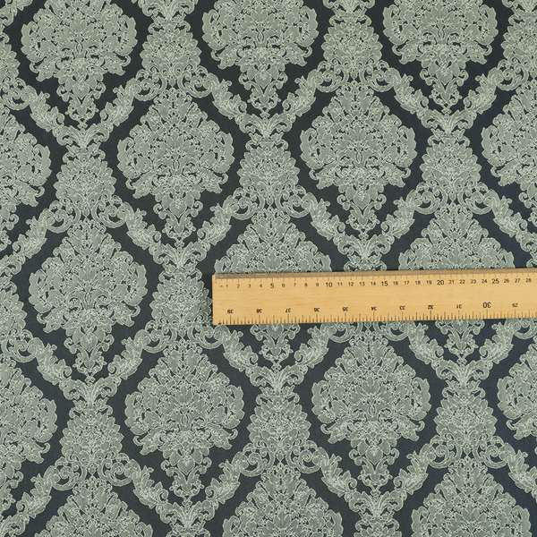 Elstow Damask Pattern Collection In Textured Embroidery Effect Chenille Upholstery Fabric In Grey Colour CTR-420