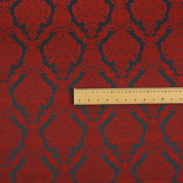 Elstow Damask Pattern Collection In Textured Embroidery Effect Chenille Upholstery Fabric In Red Colour CTR-422