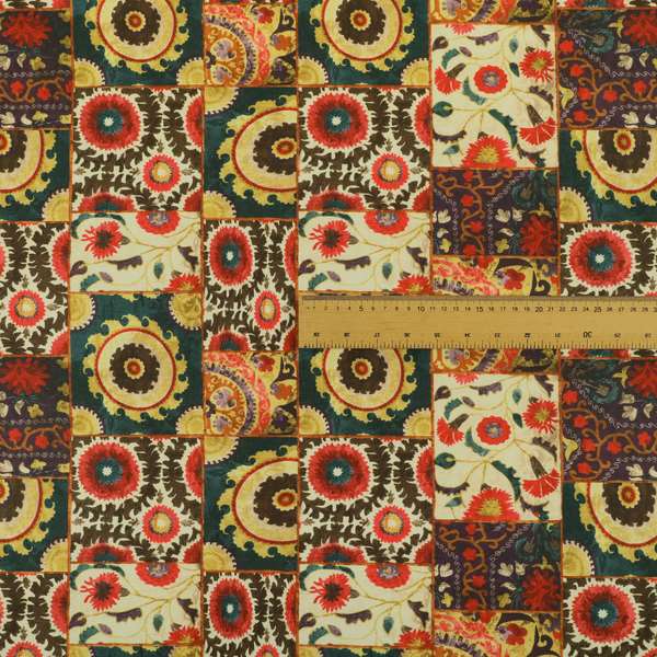 Freedom Printed Velvet Fabric Multi Colour Patchwork Pattern Upholstery Fabric CTR-441