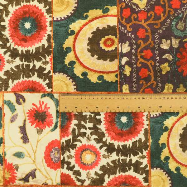 Freedom Printed Velvet Fabric Multi Colour Patchwork Pattern CTR-457