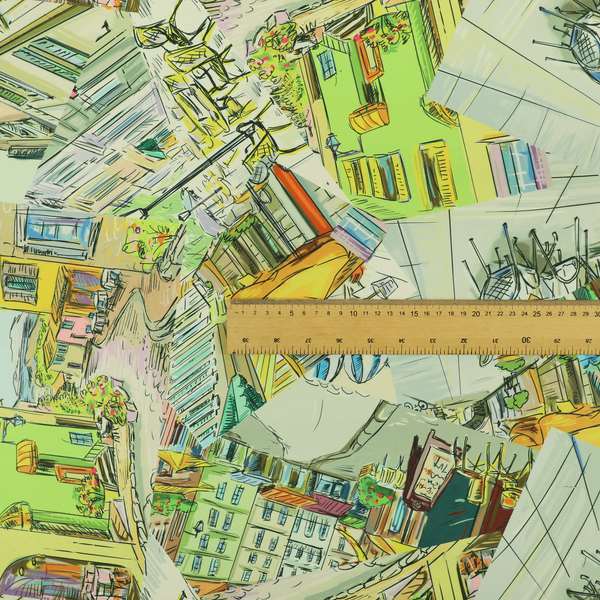 Freedom Printed Velvet Fabric Outdoor Colourful Street Scene Pattern Upholstery Fabric CTR-468 - Made To Measure Curtains