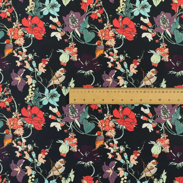 Freedom Printed Velvet Fabric Black Colourful Floral With Birds Pattern Upholstery Fabric CTR-541 - Roman Blinds