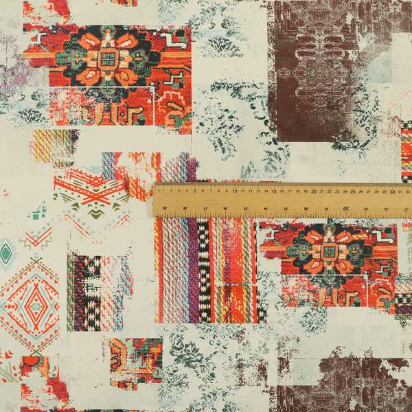 Freedom Printed Velvet Fabric Multicoloured Orange Red Kilim Patchwork Upholstery Fabric CTR-543
