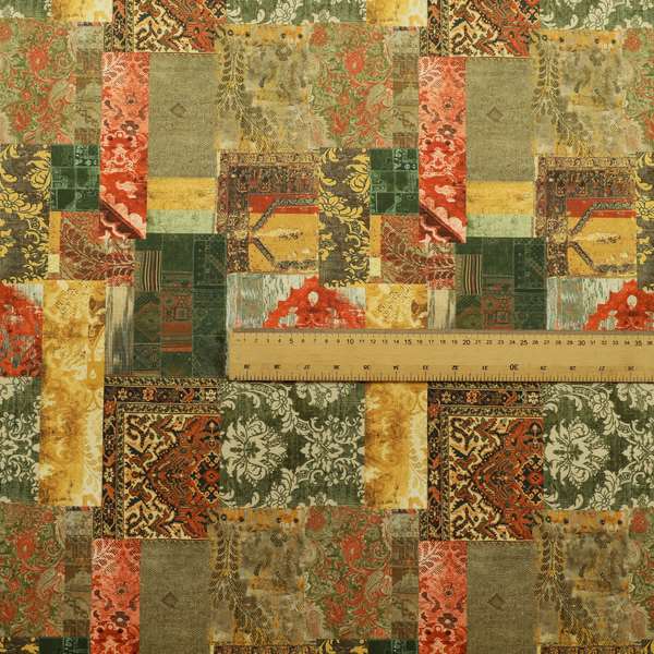Freedom Printed Velvet Fabric Collection Patchwork Pattern In Bronze Orange Green Colour Upholstery Fabric CTR-59 - Handmade Cushions