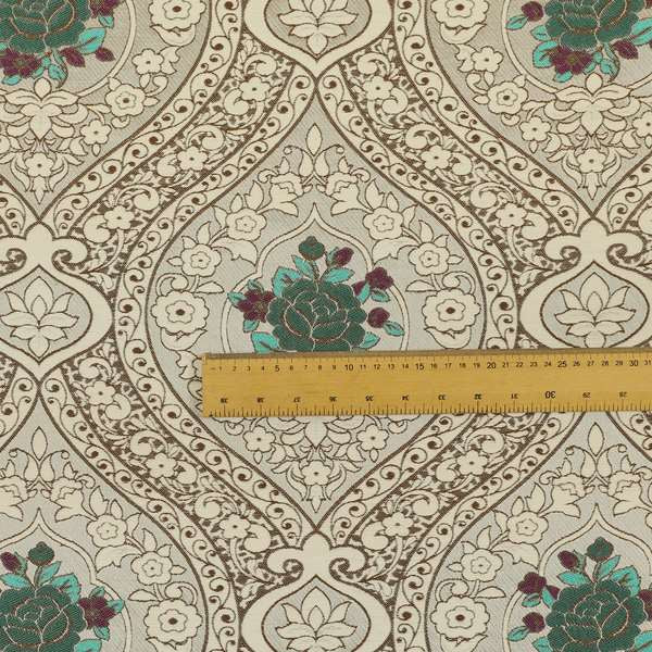 Lydia Floral Damask Soft Chenille Pattern Furnishing Fabric In Cream White Teal CTR-652 - Made To Measure Curtains
