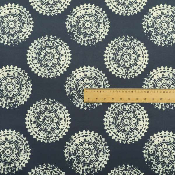 Freedom Printed Velvet Fabric Collection Round Ancient Pattern In Blue Colour Upholstery Fabric CTR-72 - Made To Measure Curtains