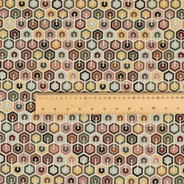 Bruges Modern White Multi Coloured Full Hexagon Geometric Pattern Jacquard Upholstery Fabrics CTR-733
