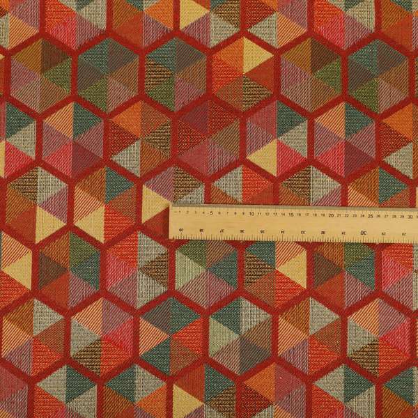 Arcadia Geometric Hexagon Pattern Red Multicolour Chenille Upholstery Fabric CTR-737