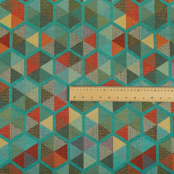 Arcadia Geometric Hexagon Pattern Teal Multicolour Chenille Upholstery Fabric CTR-740 - Made To Measure Curtains