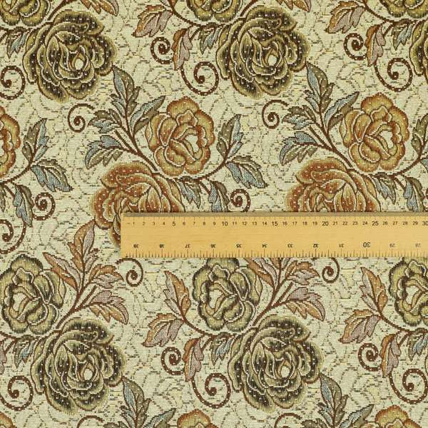 Acer Brown Green Colour Chenille Upholstery Fabric Rose Floral Pattern CTR-748