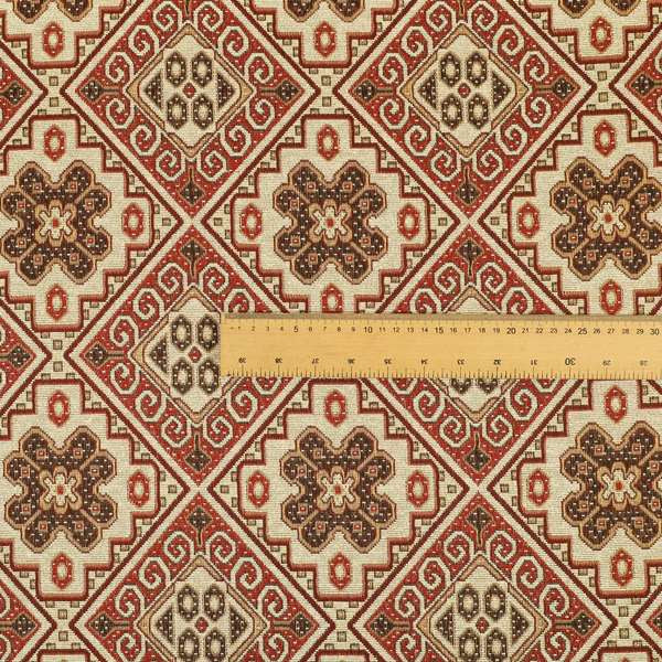 Acer Red Colour Chenille Upholstery Fabric Geometric Traditional Tile Pattern CTR-752