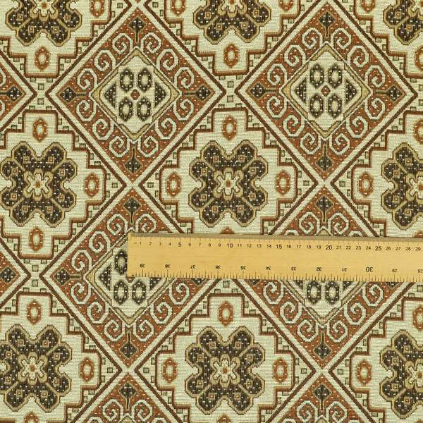 Acer Brown Colour Chenille Upholstery Fabric Geometric Traditional Tile Pattern CTR-754 - Handmade Cushions