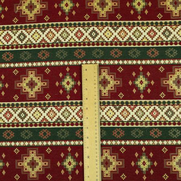 Persia Aztec Red Burgundy Green Chenille Upholstery Fabric Traditional Kilim Stripe Pattern CTR-762 - Handmade Cushions