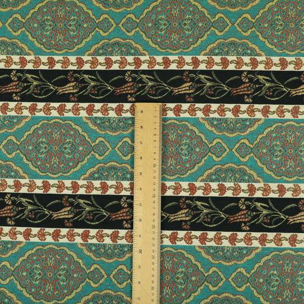 Persia Aztec Teal Blue Colour Chenille Upholstery Fabric Floral Stripe Pattern CTR-768 - Made To Measure Curtains