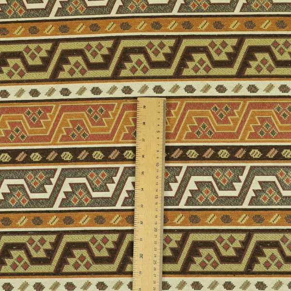 Persia Aztec Orange Brown White Chenille Upholstery Fabric Geometric Kilim Stripe CTR-775