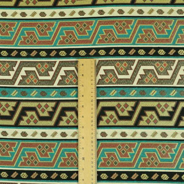 Persia Aztec Teal Blue White Chenille Upholstery Fabric Geometric Kilim Stripe CTR-776