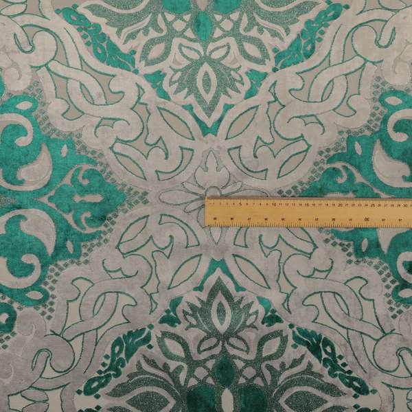 Casablanca Medallion Pattern Velvet Textured Furnishing Fabric In Teal Colour - Roman Blinds