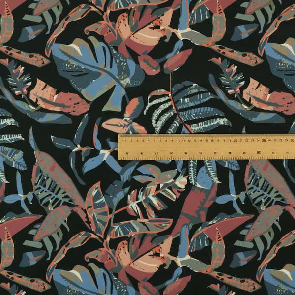 Colony Jungle Leafs Pattern Printed Velveteen Black Colour Upholstery Curtains Fabric - Handmade Cushions
