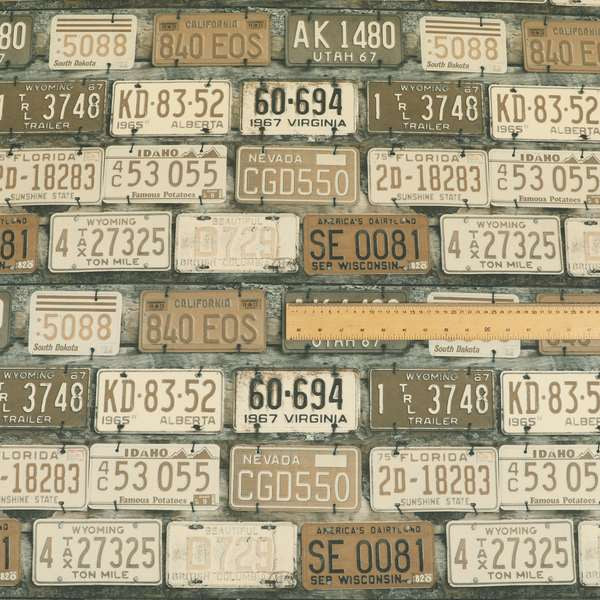 Freeway US Car License Number Plate Inspired Pattern Brown Colour Printed Chenille Upholstery Fabric