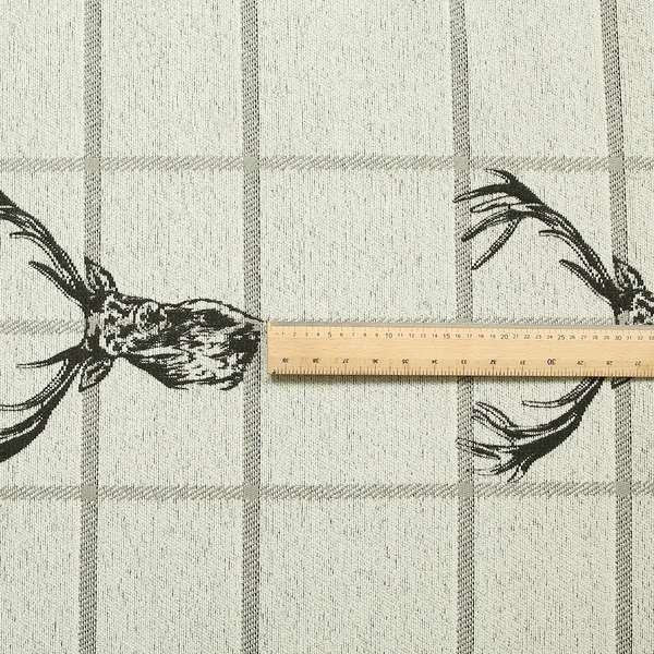 Stag Head On Checked Background Pattern Fabric Greyish Colour Chenille Upholstery Fabric JO-07