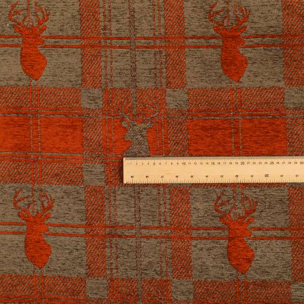 Highland Collection Luxury Soft Like Cotton Feel Stag Deer Head Animal Design On Checked Burgundy Brown Background Chenille Upholstery Fabric JO-100 - Handmade Cushions