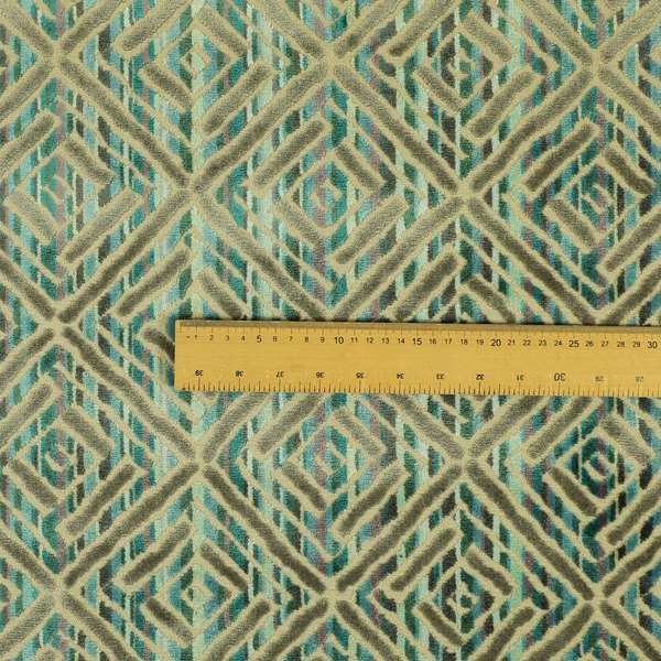Shades Of Blue Greens Grey Geometric Velvet Raised Upholstery Fabric JO-1043 - Roman Blinds