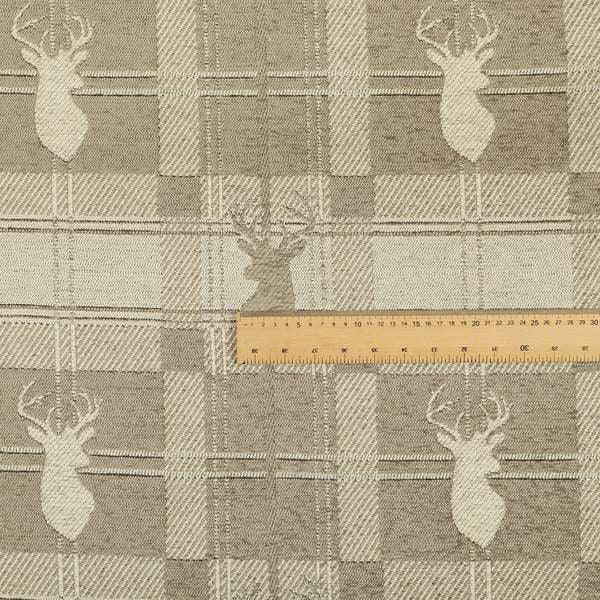 Highland Collection Luxury Soft Like Cotton Feel Stag Deer Head Animal Design On Checked Beige Background Chenille Upholstery Fabric JO-109 - Handmade Cushions