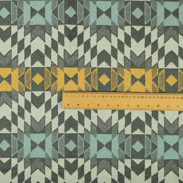Kilim Aztec All Over Pattern Grey Blue Yellow Colour Soft Chenille Upholstery Fabric JO-1331