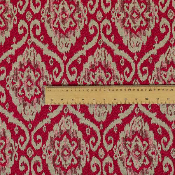 Red Beige Coloured Chenille Damask Ornate Pattern Furnishings Upholstery Fabric JO-1338