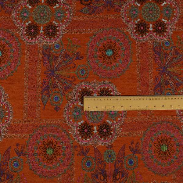 Zamorin Detailed Colourful Weave Patchwork Theme Pattern Orange Multicoloured Chenille Fabric JO-1432 - Handmade Cushions