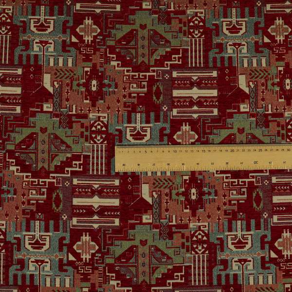 Zoque Kilim Tribal Theme Patchwork Intricate Pattern Red Colour Chenille Fabric JO-1450 - Handmade Cushions