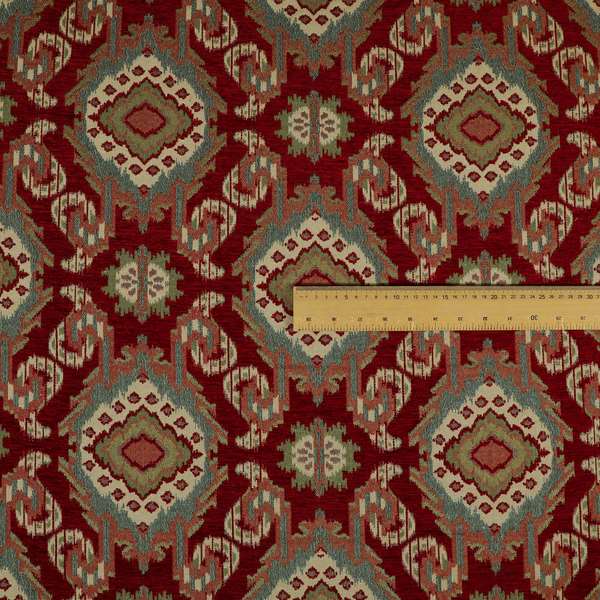 Mazahua Tribal Theme Damask Intricate Pattern Red Coloured Chenille Fabric JO-1460 - Made To Measure Curtains