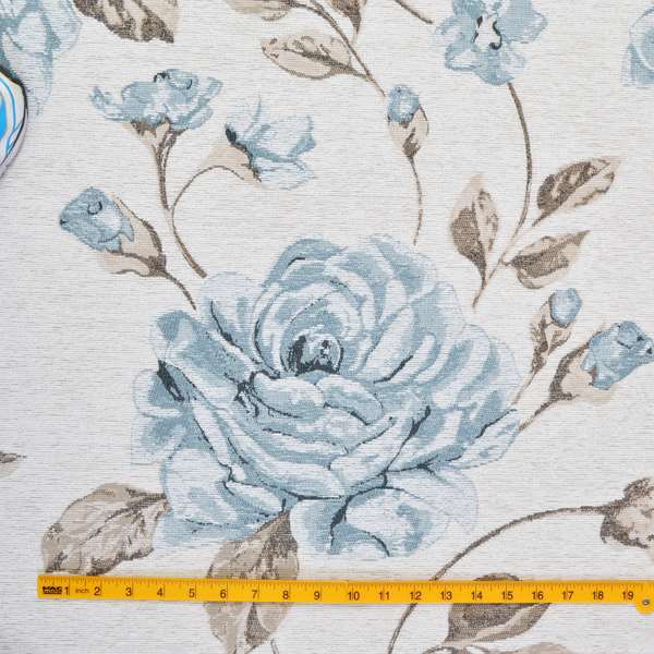 White Blue Colours Floral Flowers Inspired Pattern Soft Chenille Upholstery Fabric JO-205